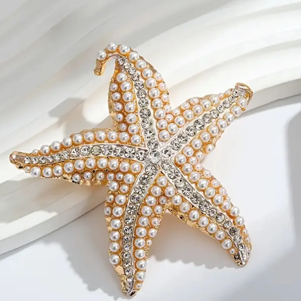 Golden Starfish Pearl, Rhinestones Brooch, Lapel Pin